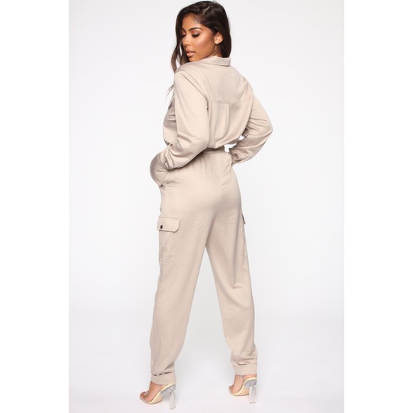 Cameron Satin Utility Jumpsuit - Taupe - Picture 3 of 4